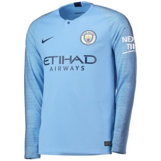 Maillot Manchester City Domicile ML 2018 2019 Bleu Pas Cher