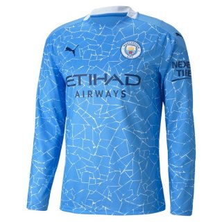 Thailande Maillot Manchester City Domicile ML 2020 2021 Bleu Pas Cher